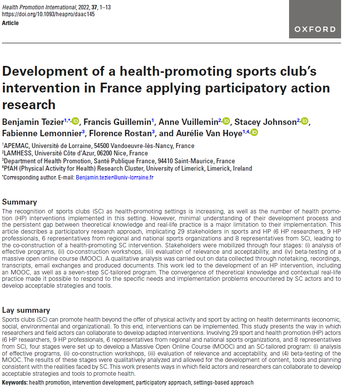 Development of a health-promoting sports club’s intervention in France applying participatory action research